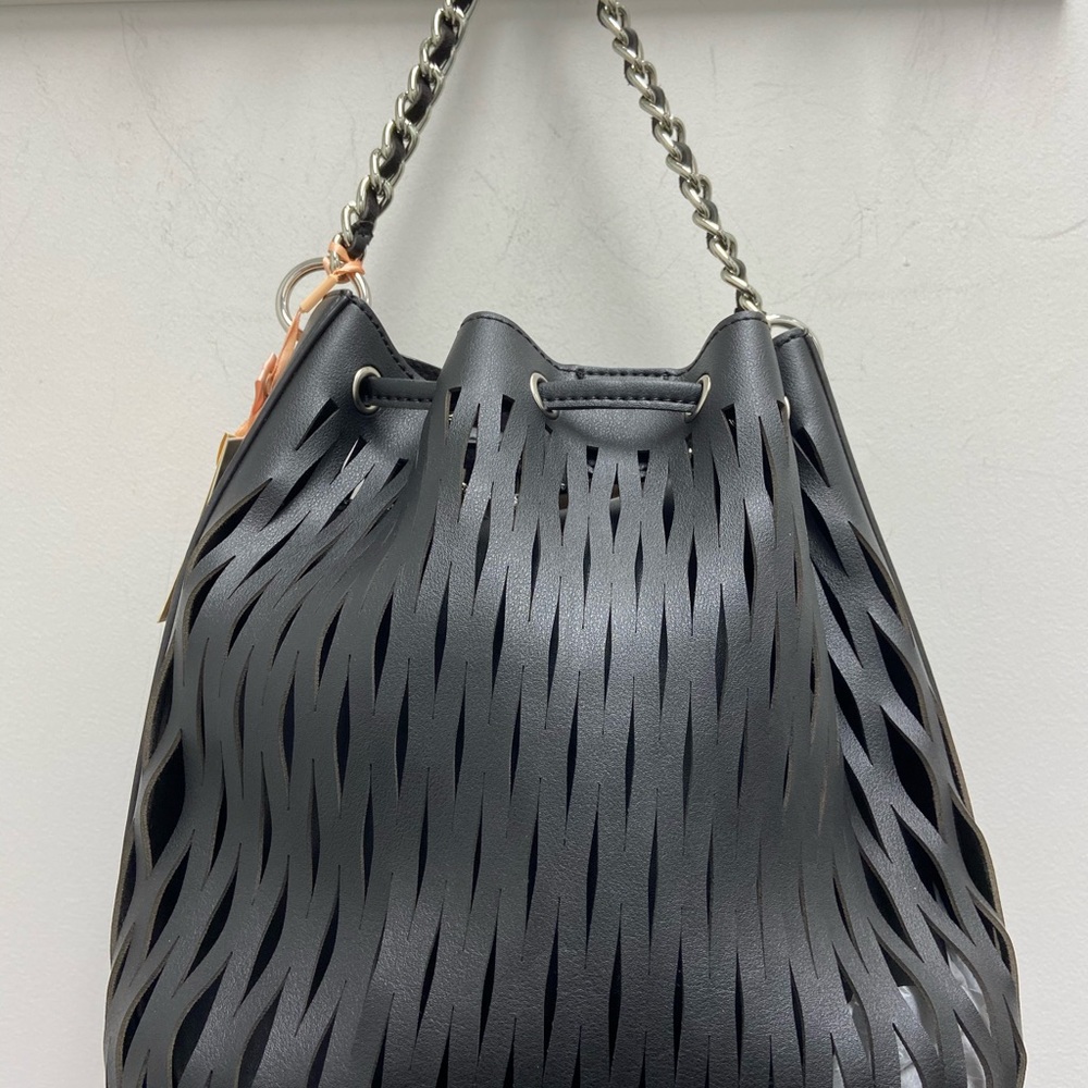 Black Leather Mesh Bag